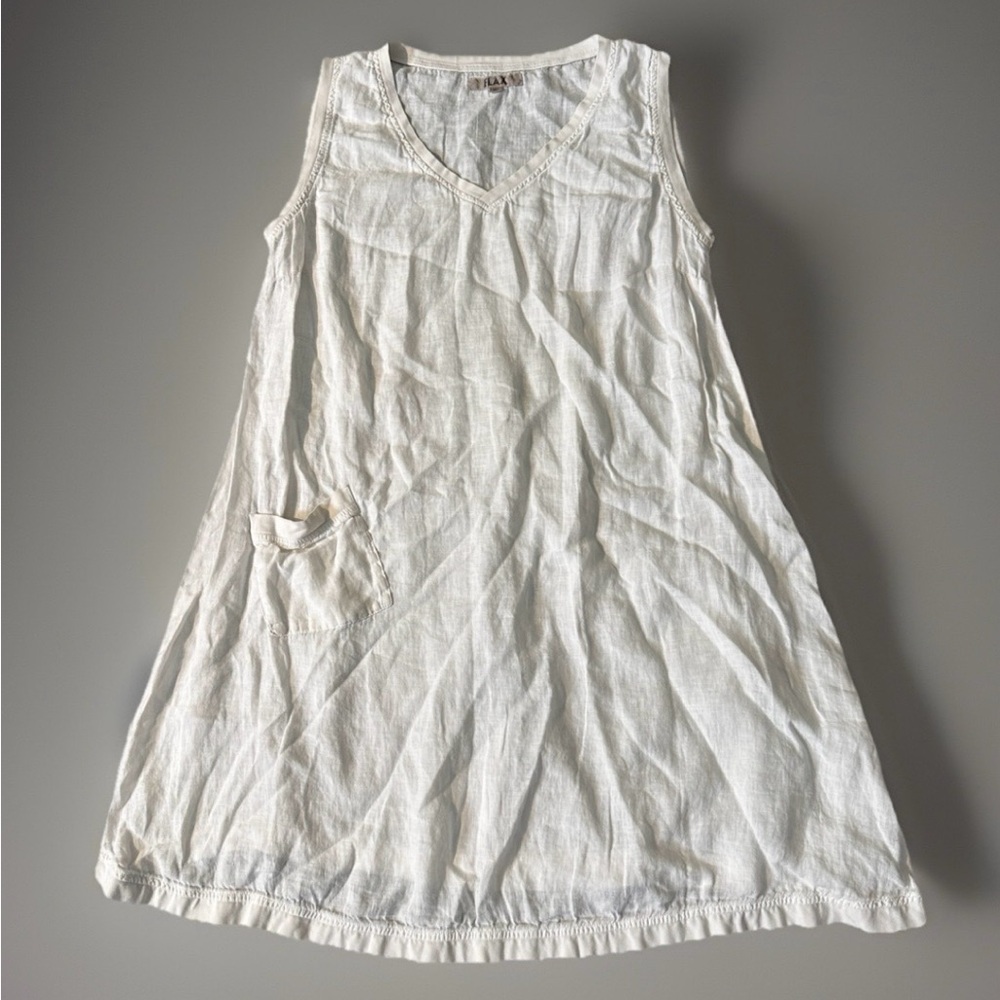 Flax white linen sleeveless V Neck dress pocket XL - Picture 3 of 8